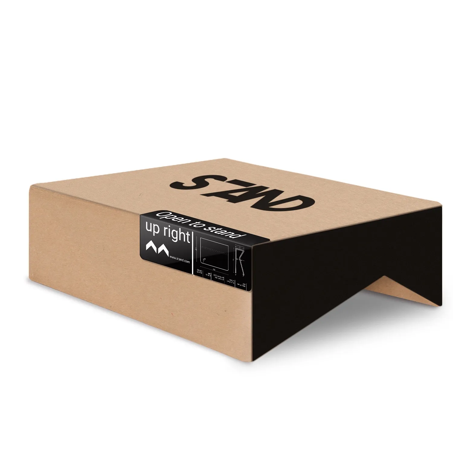 The box, closed: kraft card wrapped in a black sleeve folded like the stand