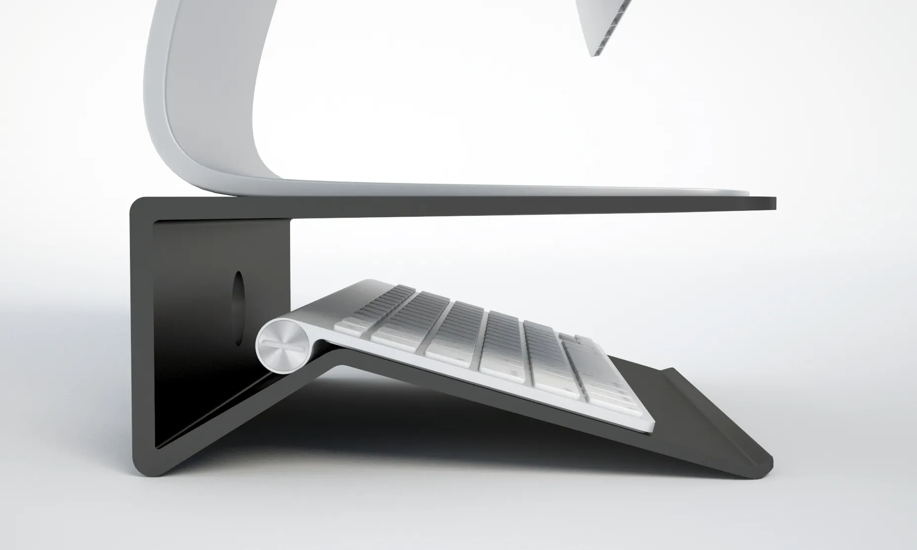 Black stand from the side: one sheet, folded into shelf, wall and ramp