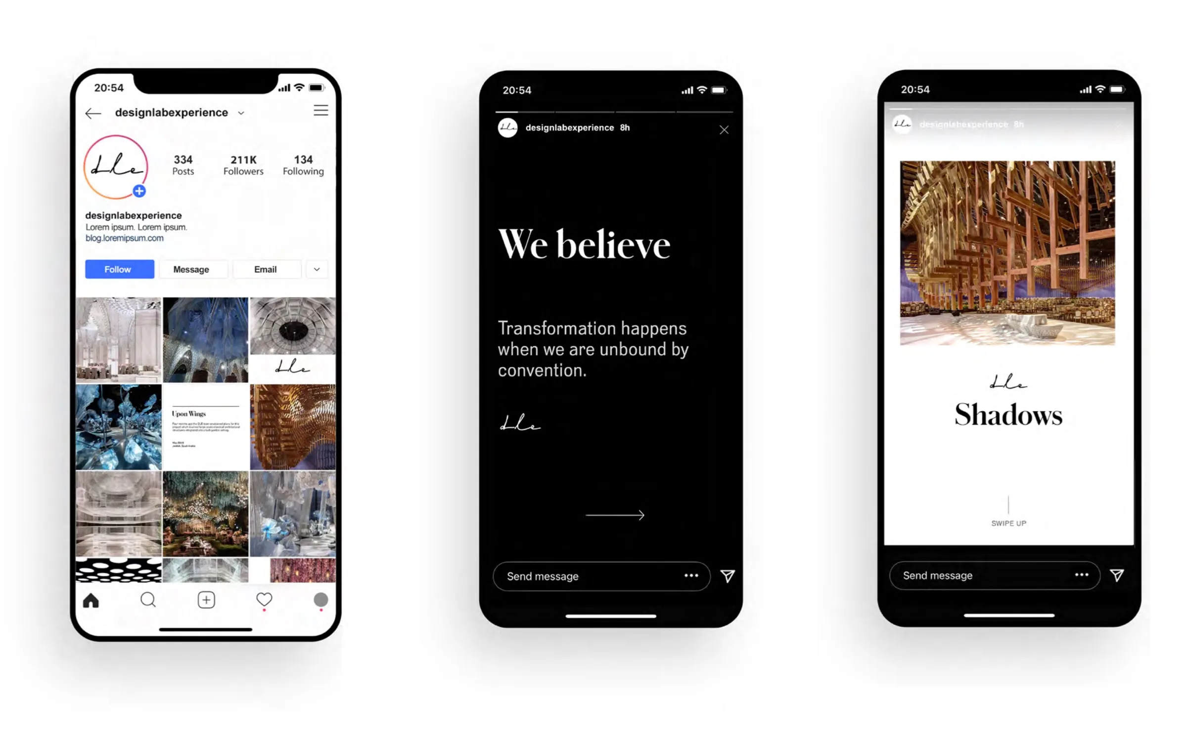 Three phones: an Instagram profile with dle as its avatar, and two stories signed with dle