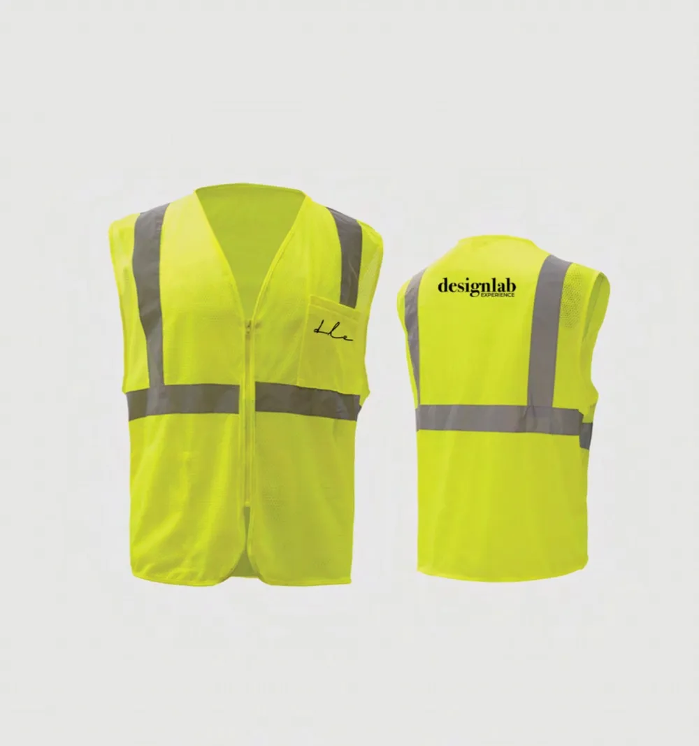 Two yellow safety vests: dle on the chest of one, designlab across the back of the other