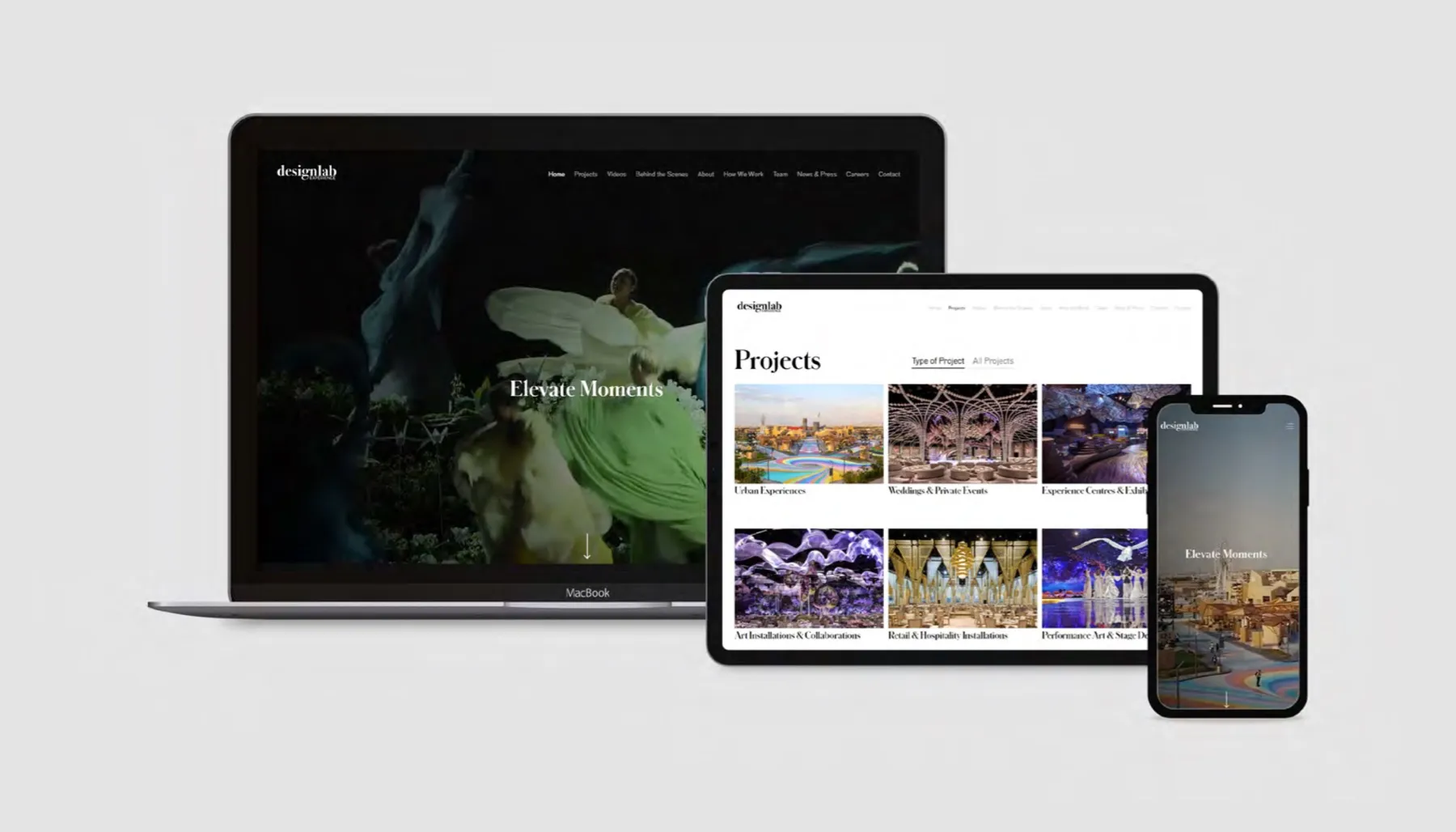 The website on a laptop, a tablet and a phone: Elevate Moments on the home page, and projects grouped by kind